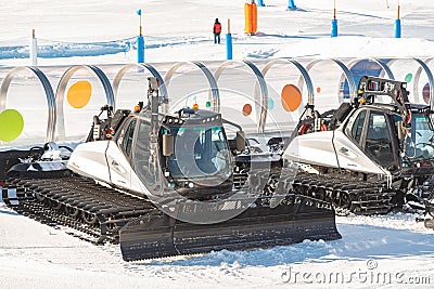 Prinoth Snow Groomers from the Grandvalira ski resort in El Tarter Andorra in time of COVID19 in winter 2021 Editorial Stock Photo