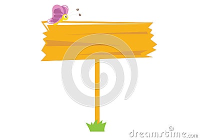 Wood signboard in grass with butterfly Vector Illustration