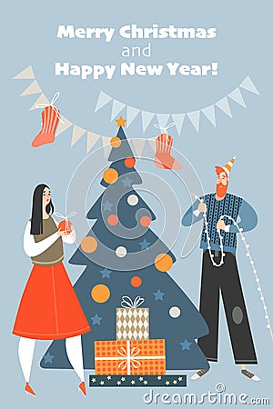 Christmas card in cartoon style. Couple decorates the Christmas tree Vector Illustration