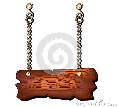 Blank wooden signboard hanging on chain isolated Stock Photo