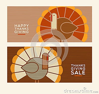 Modern Thanksgiving banner set. Abstract turkeys and text designs. Vector Illustration