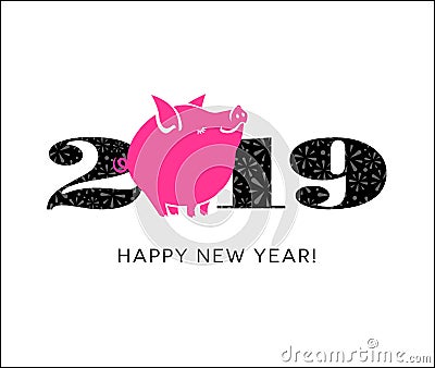 2019 year of the pig with cute little pig Vector Illustration