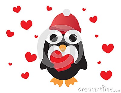 Cute Penguin with Red beanie Holding Red Heart, Red hearts and white background Vector Illustration