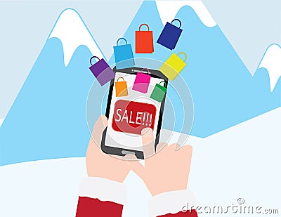 Hand with red sleeves holding smartphone with SALE text and Colorful shopping bags on Blue mountains with snow background Vector Illustration