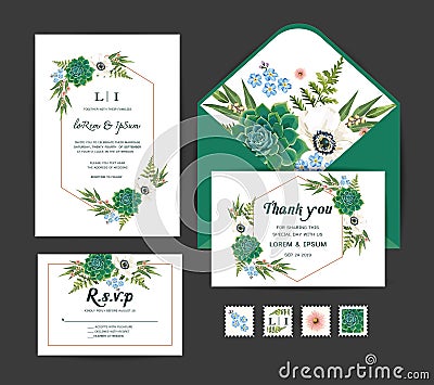 Wedding invitation with anemone flowers, cactus. Vector template set Stock Photo