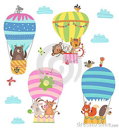 Animals fly in a hot air balloon. Illustration Vector Illustration