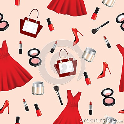 Seamless pattern with woman dress, handbag and makeup Vector Illustration