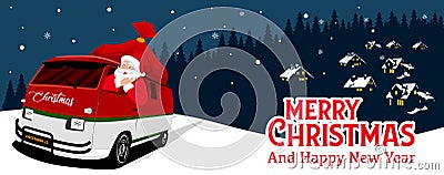 Christmas Banner With Night Background Vector. Santa Claus is Driving the Car Vector Illustration