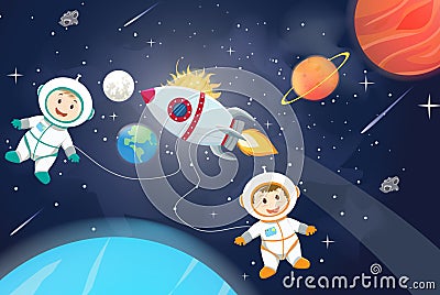 Space scenes. Astronaut on the planet with an spaceship. Vector Illustration