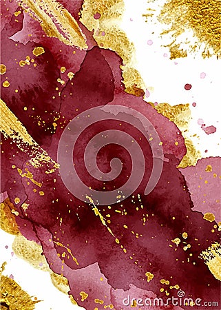 Watercolor abstract background, hand drawn watercolour burgundy and gold texture Vector Illustration