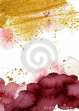Watercolor abstract background, hand drawn watercolour burgundy and gold texture Vector Illustration