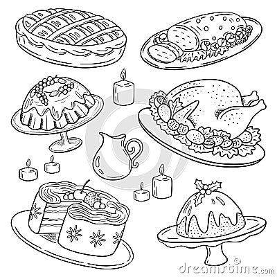 Christmas festive food collection, family dinner set, turkey, pudding, sweet pie, cut meat, cake, muffin, doodle drawing. Vector Illustration