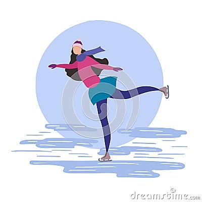 Woman skating on ice rink, flat design vector illustration. Vector Illustration