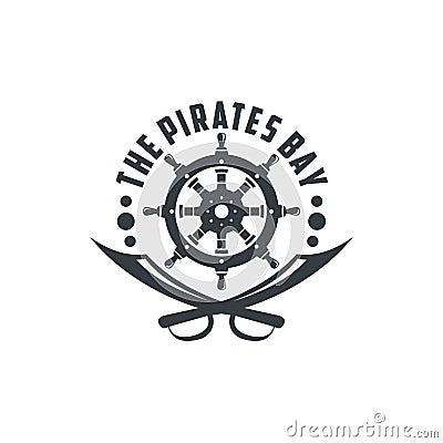 Pirate Skull And Ship Helm Logo Design Vector Illustration, emblem in monochrome vintage style isolated on white background Stock Photo