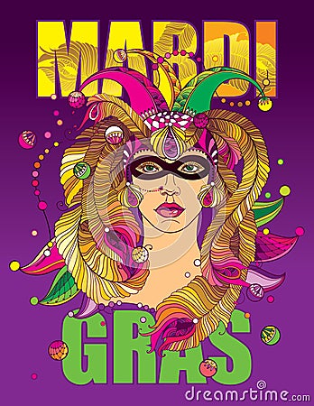 Vector placard with woman face in outline clown cap, mask, golden peacock feathers, ornate collar and colorful beads. Vector Illustration