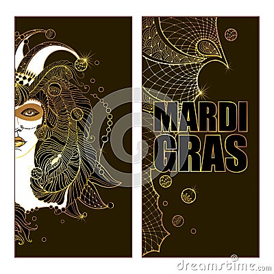 Vector invitation with girl face in outline clown cap, mask, golden peacock feather, ornate collar and beads on the black. Vector Illustration