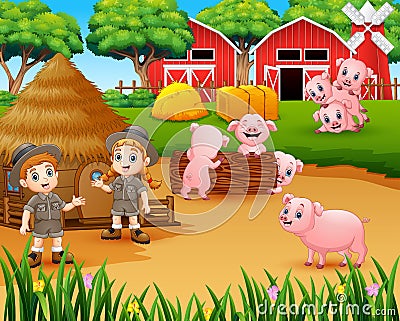 Zookeeper girl and boy with pigs in the farmyard Vector Illustration