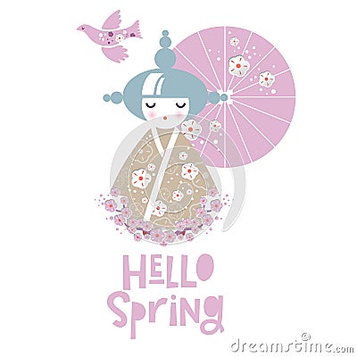 Illustration of a Girl Japanese woman in kimono with parasol, fish vetroduem fan Vector Illustration