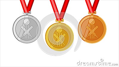 Cricket complete shinny medals set gold siver and bronze in flat style Vector Illustration