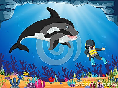 A brave diver is looking the big dolphin under the blue ocean Vector Illustration