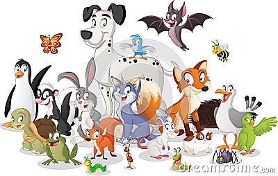 Group of cartoon animals. Vector illustration of funny happy animals. Vector Illustration