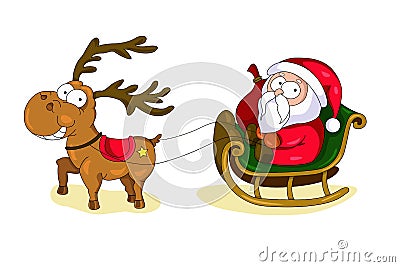 Christmas card with cute Santa Claus and deer. Vector Illustration