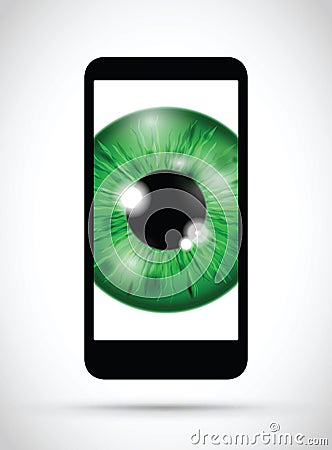 Realistic green eyeball on a cell mobile phone Vector Illustration