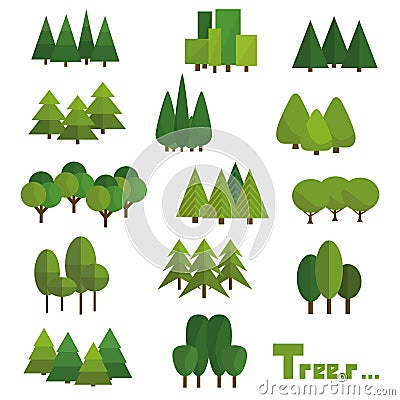 Trees isolated on white background. Beautiful set of vector green trees in group. Vector Illustration