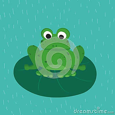 Green frog on the green leaf. Funny animal for children. Cartoon character. Vector Illustration