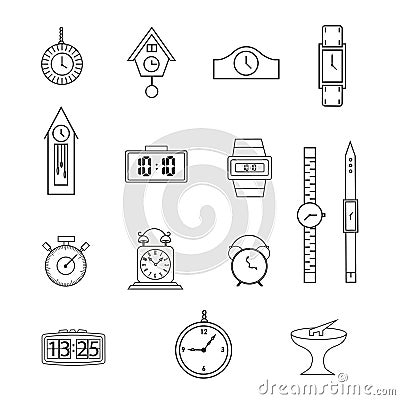 Set of line icons, flat icons collection, clock, watch, on white background Vector Illustration