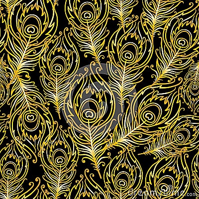Gold peacock feathers on a black background. Vector Illustration