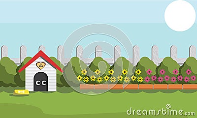 Dog`s House In The Morning Garden Cartoon - Vector Vector Illustration