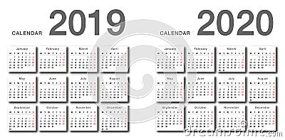 Year 2019 and Year 2020 calendar horizontal vector design template, simple and clean design. Stock Photo