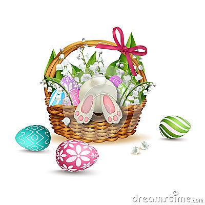 White rabbit in Easter wicker basket with colorful eggs. Vector Vector Illustration