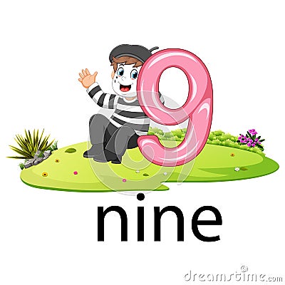 Little pantomime playing with the 9 balloon number and text on the grass Vector Illustration