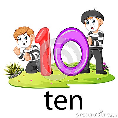 Two little pantomime playing with the 10 balloon number and text on the grass Vector Illustration