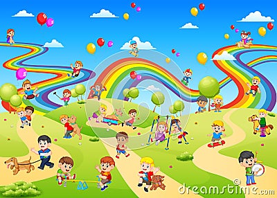 The view of playground full of the children palying on it Vector Illustration