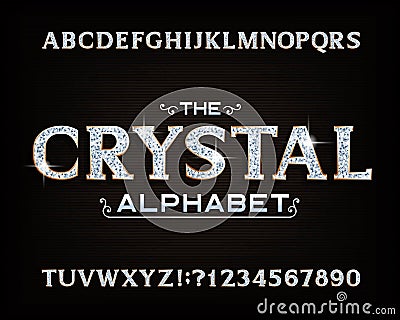 Crystal alphabet font. Luxury diamond letters and numbers with gold bevel. Vector Illustration