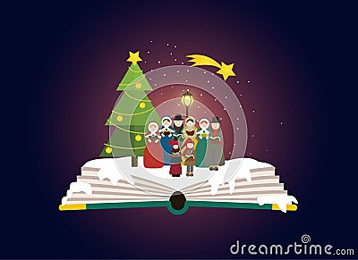 Group of carolers singing outside in the christmas time. Vector Illustration