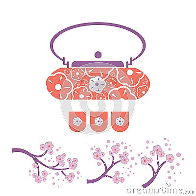Kettle and cups for tea ceremony Set in the Oriental style, Chinese, Japanese tea ceremonies Vector Illustration