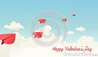 Heart shaped paper airplanes flying over fluffy clouds. Vector Illustration