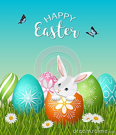 Easter poster with adorable bunny and colorful eggs Vector Illustration