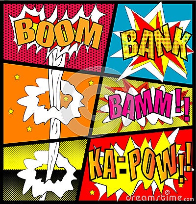 Comic Vector - Comic speech bubble set with text BOOM.BANK.BAMM.KA-PAW Vector cartoon explosions with different emotions isolated Vector Illustration