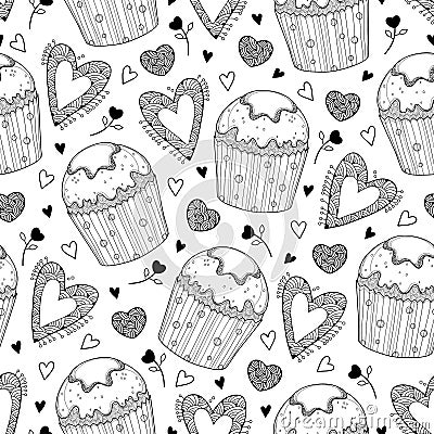 Vector seamless pattern with outline cupcake and ornate hearts in black on the white background. Romantic design with cakes. Vector Illustration