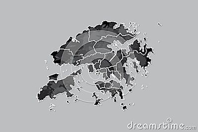 Hong Kong watercolor map vector illustration of black color with border lines of different districts or divisions on dark Vector Illustration