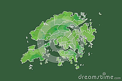 Hong Kong watercolor map vector illustration of green color with border lines of different districts or divisions on dark Vector Illustration