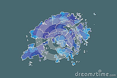 Hong Kong watercolor map vector illustration of blue color with border lines of different districts or divisions on dark Vector Illustration