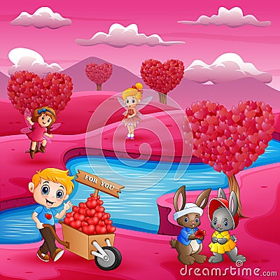 Valentines Day celebration by the river bank and pink field Vector Illustration