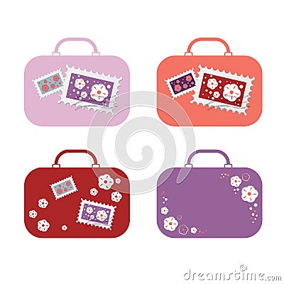 Set Suitcases with stickers in the form of marks with the image of flowers Vector Illustration