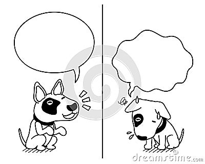 Cartoon character bull terrier dog expressing different emotions with speech bubbles Vector Illustration